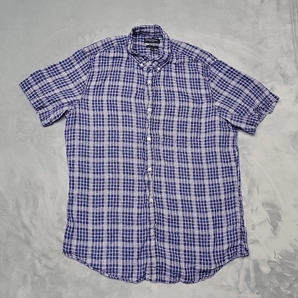 Banana Republic Shirt Mens Large Tall Blue 100% Linen Camden Plaid Button Down